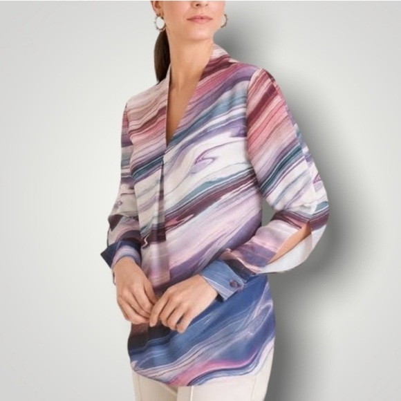 Chico’s Stone-Stripes Print Pleated V-Neck Pullover Business Casual Blouse - Picture 1 of 6